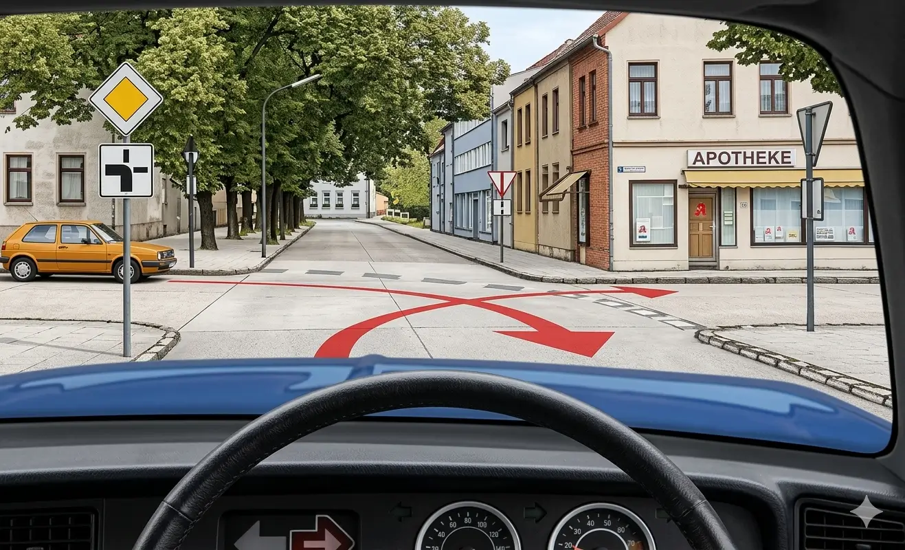 Driver's view at a junction with a priority road sign and a yellow car on the left